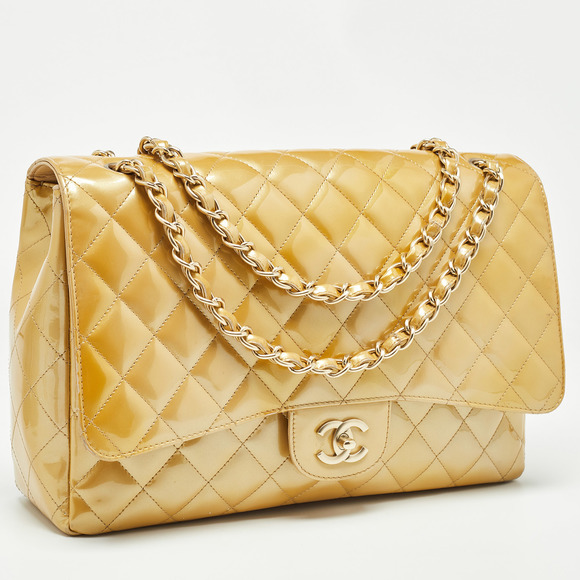 CHANEL Gold Quilted Patent Leather Maxi Classic Single Flap Bag - Picture 3 of 8